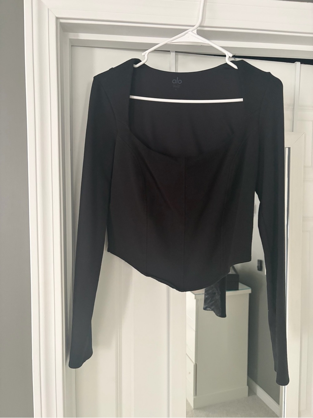 ALO Yoga Black Long Sleeve Square-Neck Corset-Inspired Top